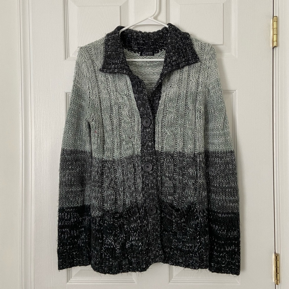 gray button up sweater